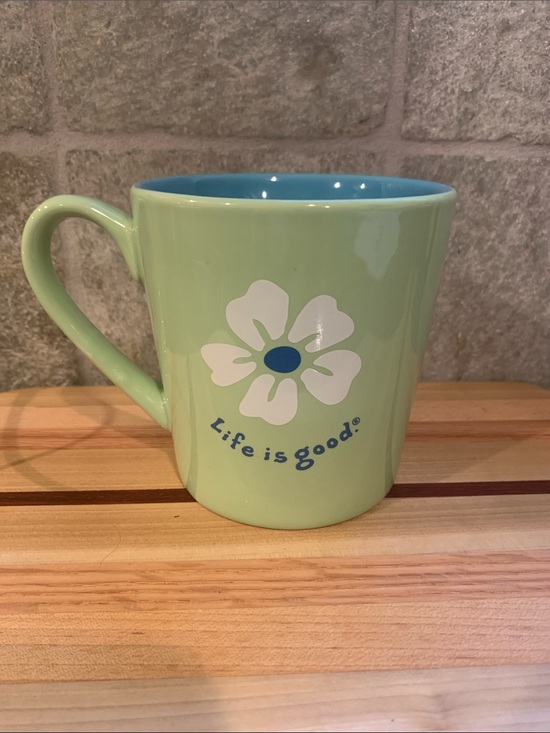 Life Is Good Other - Life Is Good Light Green Ceramic Mug with Blue Interior and White Flower